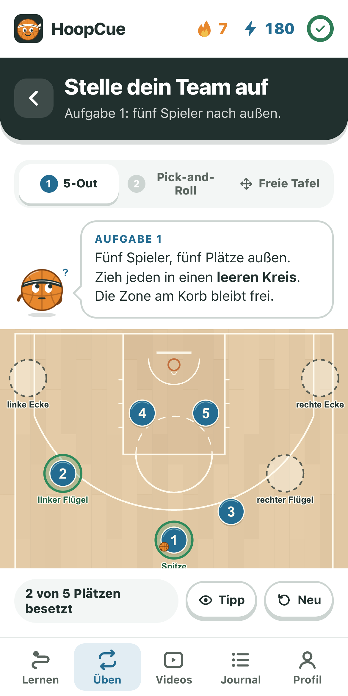 Taktiktafel mit fünf Spielern auf dem Halbfeld